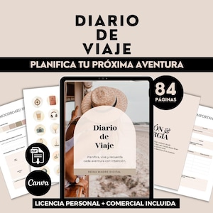 Puede incluir: Un diario de viaje digital con el título "DIARIO DE VIAJE". La imagen muestra una tableta que muestra la portada del diario, junto con varias páginas e iconos. El diario tiene 84 páginas e incluye una licencia personal y comercial.