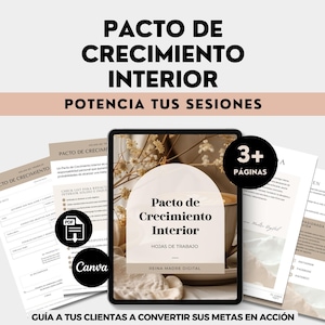 Puede incluir: Una maqueta de producto digital con una tableta y varias hojas de trabajo impresas. La tableta muestra el texto "Pacto de Crecimiento Interior" y "Potencia tus sesiones." La imagen incluye un bolígrafo y el texto "3+ páginas."