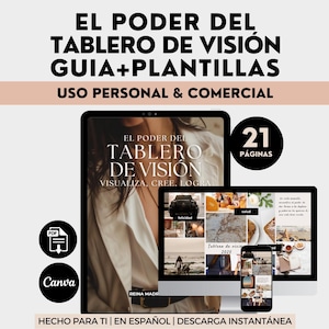 Puede incluir: Una guía digital de tablero de visión con plantillas, mostrada en una tableta, computadora y teléfono. El texto dice "EL PODER DEL TABLERO DE VISIÓN" y "21 PÁGINAS". El diseño incluye un logotipo de PDF y Canva, con la frase "USO PERSONAL & COMERCIAL".