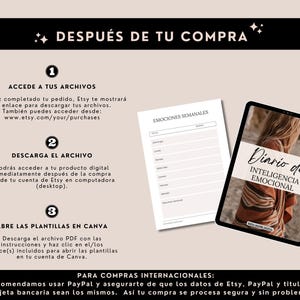 May include: An image with text in Spanish, including "DESPU&Eacute;S DE TU COMPRA" and instructions for accessing files after purchase. It also shows a weekly emotions worksheet and a tablet displaying "Diario de INTELIGENCIA EMOCIONAL".