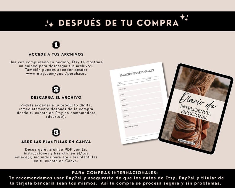 May include: An image with text in Spanish, including "DESPU&Eacute;S DE TU COMPRA" and instructions for accessing files after purchase. It also shows a weekly emotions worksheet and a tablet displaying "Diario de INTELIGENCIA EMOCIONAL".