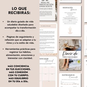 May include: A collection of printable journal pages with a beige and white color scheme. The pages include sections for daily meditation, habit tracking, and a healthy lifestyle diary. Text includes "LO QUE RECIBIR&Aacute;S" and "Diario de VIDA SALUDABLE".