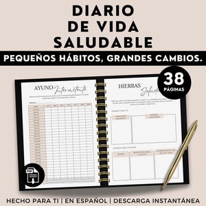 May include: A black and gold spiral-bound planner with the title "DIARIO DE VIDA SALUDABLE" and the text "PEQUE&Ntilde;OS H&Aacute;BITOS, GRANDES CAMBIOS." The planner is open to two pages with lined sections and the text "38 P&Aacute;GINAS." A gold pen rests on the right side.