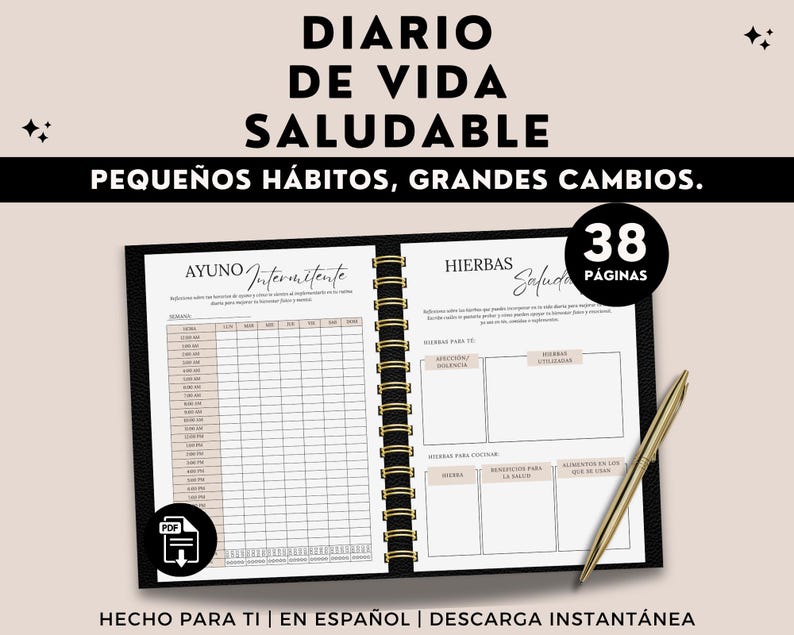 May include: A black and gold spiral-bound planner with the title "DIARIO DE VIDA SALUDABLE" and the text "PEQUE&Ntilde;OS H&Aacute;BITOS, GRANDES CAMBIOS." The planner is open to two pages with lined sections and the text "38 P&Aacute;GINAS." A gold pen rests on the right side.