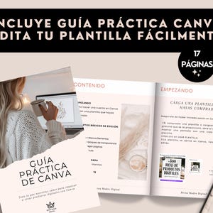 May include: A guide titled "Gu&iacute;a Pr&aacute;ctica Canva" with the text "Edit Your Template Easily" in Spanish. The guide is open, displaying content and instructions. The image includes a woman using a laptop and holding a mug.
