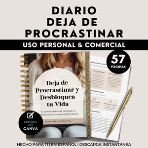 Puede incluir: Un planificador con espiral y detalles dorados, con el texto "DIARIO DEJA DE PROCRASTINAR" y "USO PERSONAL & COMERCIAL." La portada dice "Deja de Procrastinar y Desbloquea tu Vida." Incluye un bolígrafo dorado y 57 páginas.