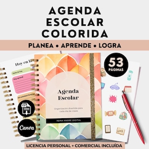 Puede incluir: Una agenda escolar de espiral con una cubierta geométrica colorida que incluye el texto Agenda Escolar. La agenda contiene 53 páginas, un icono PDF, un logo de Canva y un bolígrafo rojo. La cubierta muestra el texto Reina Madre Digital.