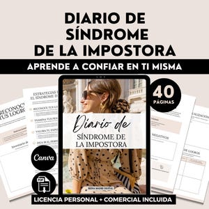 Könnte beinhalten: Werbung für ein digitales Produkt mit einem Tablet, das den Titel "Diario de Síndrome de la Impostora" und ein Frauenbild zeigt. Das Design umfasst Arbeitsblätter, einen Stift und den Text "Aprende a confiar en ti misma" und "40 páginas."