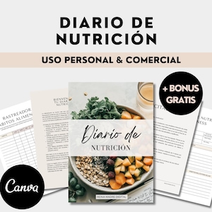 Op de afbeelding: Een digitaal, printbaar voedingsdagboek met een kom vol fruit en groenten op de omslag. Het dagboek bevat secties voor het bijhouden van maaltijden, gewoontes en recepten. De tekst op de omslag luidt "Diario de Nutrición" en "Reina Madre Digital".