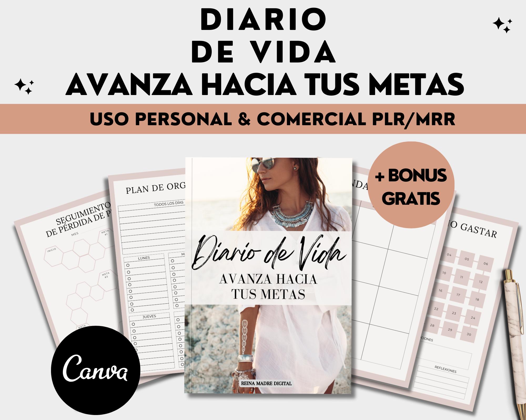 Life Journal Life Planner Template PLR MRR Editable in Canva Digital Product Mental Health Coaching Gratitud Guide To Sell in Spanish