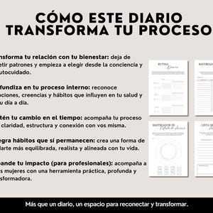 May include: A journal with the text "C&Oacute;MO ESTE DIARIO TRANSFORMA TU PROCESO" in black. The journal includes pages for daily routines, habit tracking, mood tracking, and self-care lists. The journal is designed to help users reconnect and transform.