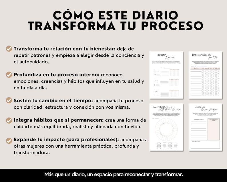 May include: A journal with the text "C&Oacute;MO ESTE DIARIO TRANSFORMA TU PROCESO" in black. The journal includes pages for daily routines, habit tracking, mood tracking, and self-care lists. The journal is designed to help users reconnect and transform.
