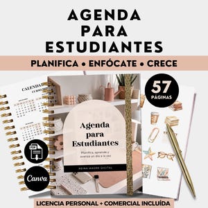 Puede incluir: Una agenda digital para estudiantes de 57 páginas, con diseño de espiral, calendario e ilustraciones relacionadas con el estudio. La portada muestra el texto 'Agenda para Estudiantes' y 'Planifica, aprende y avanza un día a la vez'.