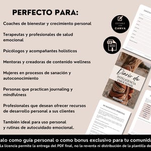 May include: A digital journal titled "Diario de Inteligencia Emocional" with accompanying worksheets. The journal is designed for personal growth and emotional well-being. The image includes text in Spanish, with the phrase "Perfecto Para" and a list of target users.