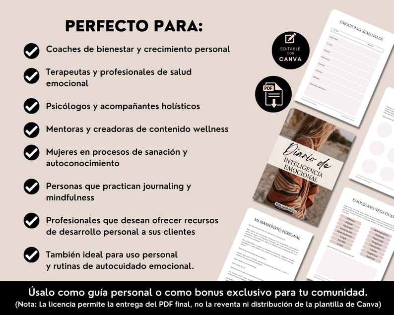 May include: A digital journal titled "Diario de Inteligencia Emocional" with accompanying worksheets. The journal is designed for personal growth and emotional well-being. The image includes text in Spanish, with the phrase "Perfecto Para" and a list of target users.