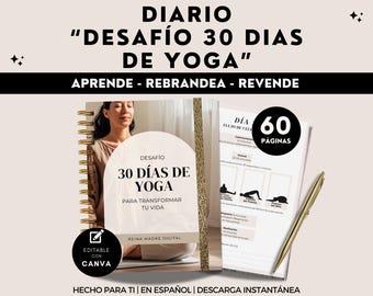 Printable Yoga Challenge for Women 30-Day Journal Planner Tracker & Daily Practice Guide Editable Canva Template in Spanish