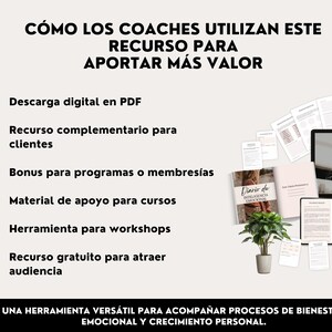 May include: A promotional image with text in Spanish, including "C&Oacute;MO LOS COACHES UTILIZAN ESTE RECURSO PARA APORTAR M&Aacute;S VALOR." It features a laptop, tablet, books, and documents, suggesting digital resources for coaching and personal growth.