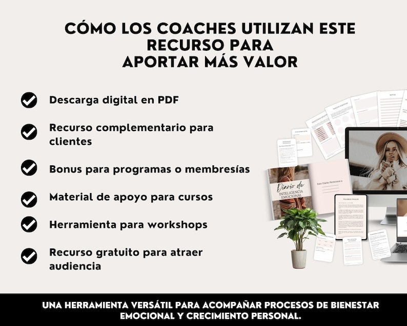 May include: A promotional image with text in Spanish, including "C&Oacute;MO LOS COACHES UTILIZAN ESTE RECURSO PARA APORTAR M&Aacute;S VALOR." It features a laptop, tablet, books, and documents, suggesting digital resources for coaching and personal growth.