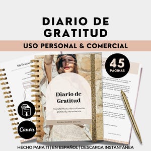 Puede incluir: Un diario titulado "Diario de Gratitud" con el texto "Uso Personal & Comercial". El diario tiene una encuadernación en espiral e incluye 45 páginas. La portada presenta una imagen de una mujer y las palabras "Diario de Gratitud."