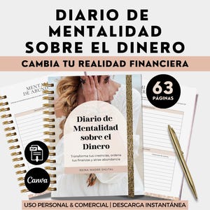 Puede incluir: Un diario con espiral titulado "DIARIO DE MENTALIDAD SOBRE EL DINERO" con el lema "CAMBIA TU REALIDAD FINANCIERA". El diario presenta una imagen de mujer y texto, con 63 páginas. Un bolígrafo dorado descansa junto a las páginas abiertas. El diario está disponible para uso personal y comercial.