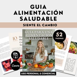 May include: A guide titled "Healthy Eating Guide" with the text "Feel the Change." The image features a woman in a kitchen, surrounded by fruits and vegetables. The guide is 52 pages and includes the Canva and PDF logos.