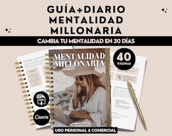 May include: A digital guide and journal titled "MENTALIDAD MILLONARIA" (Millionaire Mindset) with the text "CAMBIA TU MENTALIDAD EN 30 DÍAS" (Change Your Mindset in 30 Days). The cover features a woman with a laptop. Includes 40 pages and Canva and PDF icons.