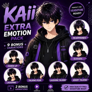 May include: A digital asset pack titled KAii EXTRA EMOTION PACK featuring an anime-style character with black hair and purple eyes wearing a black hoodie. Includes nine variations showing different expressions, poses, and accessories like headphones and glasses.