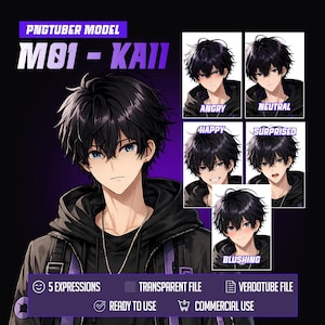 May include: A digital PNGTuber model M01-KA11 featuring a character with messy black hair and blue eyes wearing a black hoodie. Includes five distinct facial expressions labeled angry, neutral, happy, surprised, and blushing. The set includes transparent files, Veadotube files, and is ready for use.