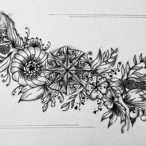 Illustration Florale dessin Champêtre, fait à la main, noir et blanc.