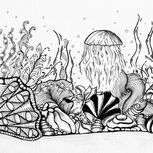 illustration noir et blanc, dessinée à la main de fond marin