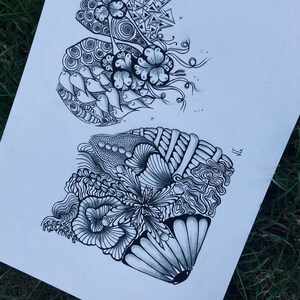 illustration florale inversée dessinée à la main en noir et blanc