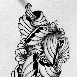 Illustration noir et blanc, fait à la main, coquillage imaginaire