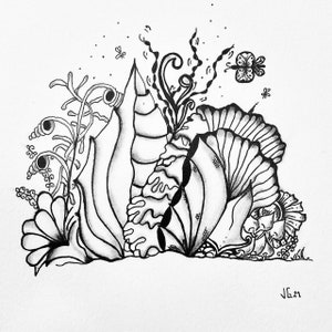 Illustration florale, dessinée à la main en noir et blanc