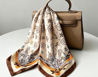Vintage Luxury Mulberry Silk Brown Flower Feather Equestrian Square Women Scarf