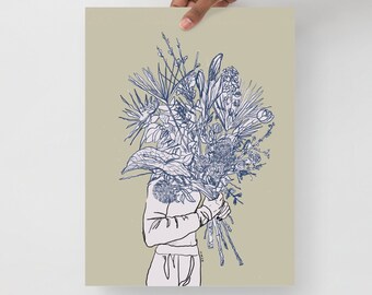 Art Print-Flower Bouquet Art, Floral Digital Art Print, Digital Drawing, Home Decoration, Botany Poster, Modern line drawing