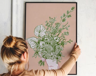 Art Print-Flower Bouquet Drawing Hand Drawing, Gift for mom, gift for girlfriend, Pastel color, coquette room decor, Modern line drawing