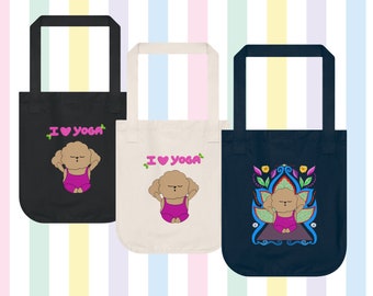 Borsa di tela biologica con scritta I love yoga, tre colori disponibili, due disegni diversi originali della Puppy Leon Illustrations :)