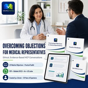 Può includere: Un set di formazione per informatori scientifici con un tablet che mostra documenti digitali, un quaderno di esercizi e schede di riferimento. Il testo recita Overcoming Objections for Medical Representatives, Ethical, Evidence-Based HCP Conversations, 25 Medical Objections, Practical Toolkit, PDF, Editable DOCX, A4, US Letter, e Created by a Doctor, 30 Years of Experience.