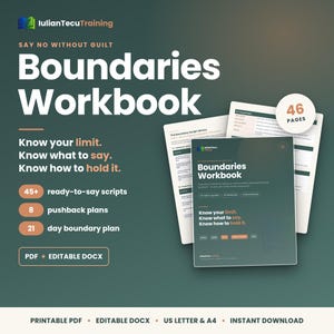 Puede incluir: Un cuaderno de trabajo digital Boundaries Workbook de IulianTecuTraining con 46 páginas en formatos PDF y DOCX editable. La portada verde oscuro tiene texto blanco, incluyendo el título, 45+ guiones, 8 planes y un plan de 21 días.