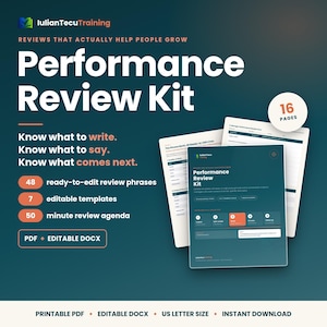 Könnte beinhalten: Ein Performance Review Kit bestehend aus 16 Seiten als druckbare PDF- und bearbeitbare DOCX-Dateien. Das Set enthält 48 bearbeitbare Bewertungssätze, 7 editierbare Vorlagen und eine Agenda für ein 50-minütiges Mitarbeitergespräch.