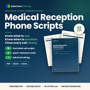 以下が含まれることがあります： IulianTecuTrainingによるMedical Reception Phone Scriptsというタイトルのデジタル研修資料。このセットには、15の受付電話スクリプト、6枚のクイックリファレンスカード、7つのタブ付きExcel通話ログを含む22ページのPDF、DOCX、EXCEL形式のドキュメントが含まれています。