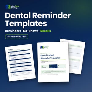 Sjablonen voor tandartsafspraakherinneringen, sms- en e-mailberichten voor afspraakherinneringen, bewerkbare scripts voor de receptie.