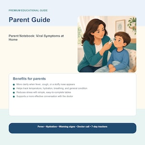 Op de afbeelding: Een digitale educatieve gids getiteld Parent Guide en Parent Notebook: Viral Symptoms at Home. Het bevat een illustratie van een volwassene die een digitale thermometer gebruikt bij een kind. De tekst somt voordelen voor ouders op en trackers voor koorts, hydratatie, waarschuwingssignalen, doktersoproepen en 7-daagse logboeken.