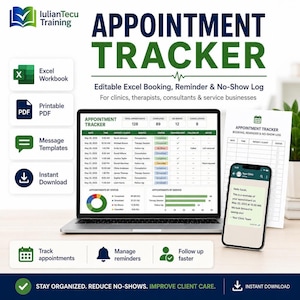 Planificador de citas, plantilla de reserva editable en Excel con recordatorio y registro de inasistencias.