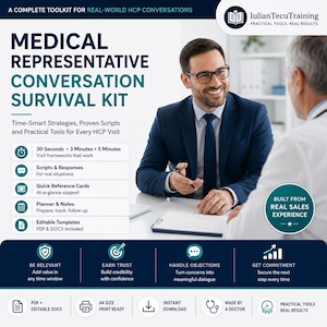 Può includere: Un kit di sopravvivenza per la conversazione dei rappresentanti medici con strumenti per i colloqui con gli operatori sanitari. Include schemi di visita, script, schede di riferimento, pianificatori e modelli modificabili. Testo: 'A Complete Toolkit for Real-World HCP Conversations'.