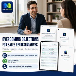 Può includere: Un kit di formazione intitolato Overcoming Objections for Sales Representatives, che include una guida principale, un quaderno di esercizi e schede di riferimento rapido. I materiali sono in formato PDF e DOCX, A4 e US Letter, creati da un medico.