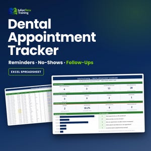 Strumento per la gestione degli appuntamenti dal dentista, foglio di calcolo Excel per la reception, promemoria per i pazienti e registro delle mancate presentazioni, organizzatore per i follow-up.