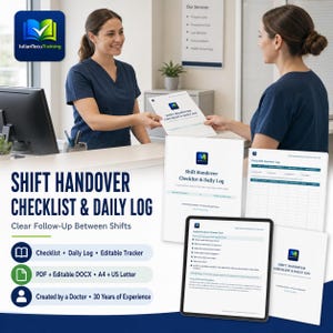 May include: A Shift Handover Checklist & Daily Log document set featuring a cover page, a daily shift handover log, and a digital tablet displaying a verbal handover prompt card. The materials include text, checklists, and a logo for IulianTecuTraining.