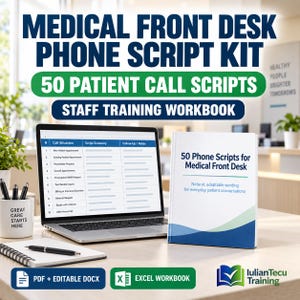 May include: A medical front desk phone script kit featuring a laptop displaying a call situation spreadsheet, a printed workbook titled 50 Phone Scripts for Medical Front Desk, a notebook with a pen, and a mug with the text Great Care Starts Here.