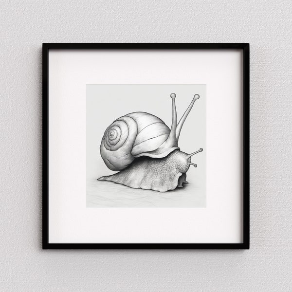 Whimsical Snail Art Print, Digital Download, Black and White Illustration, Spiral Shell Snail Drawing, Instant Download, Printable Wall Art